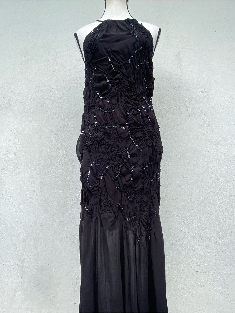 Zara Limited Edition Ruched Black Chiffon Silver Sequin Halter Dress Size XS M